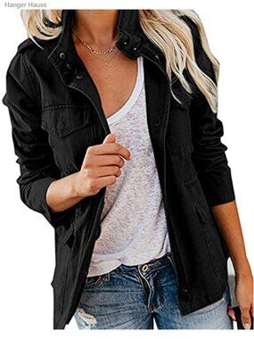 Women's Military Jacket Zip Up Snap Buttons Lightweight Anorak Field Safari Coat